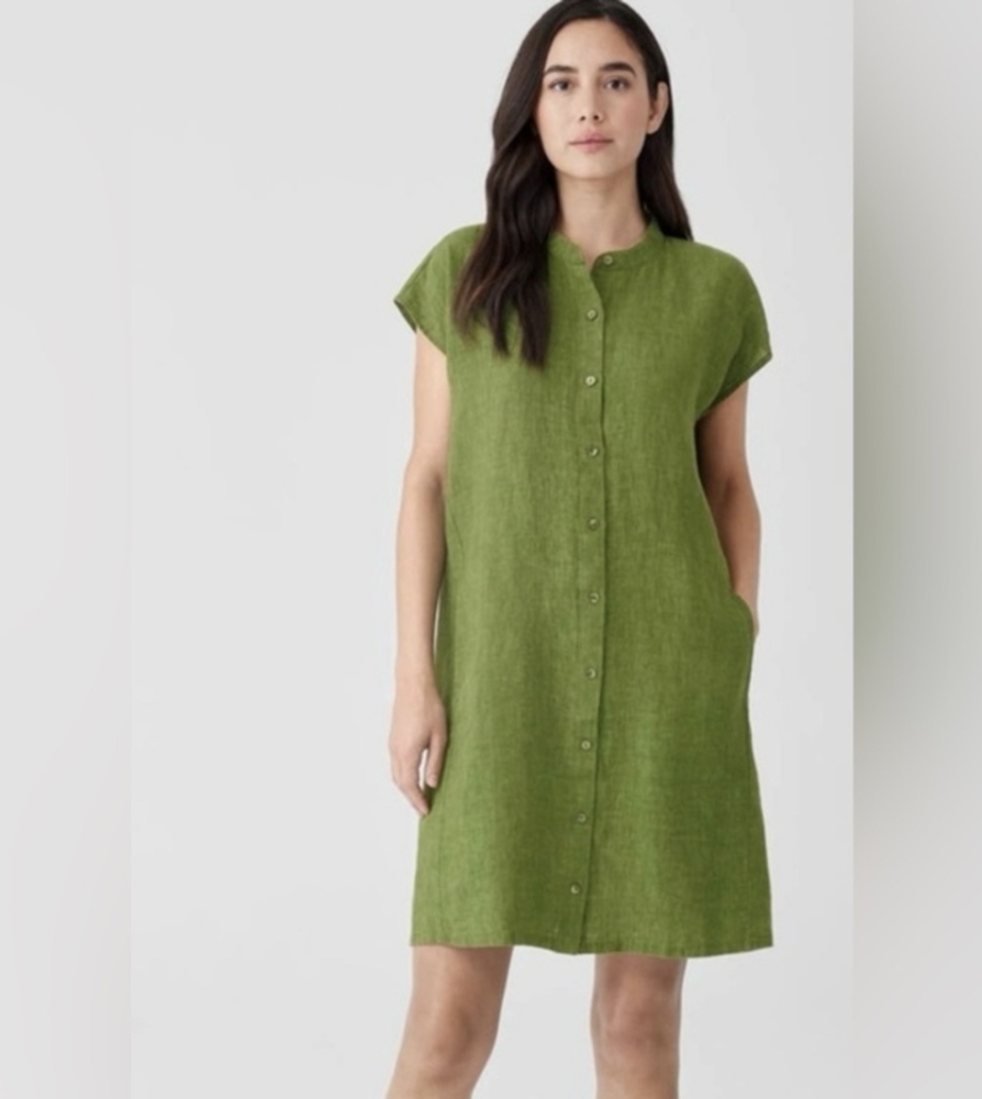 Mandarin Collar Cap Sleeve Organic Linen Shirtdress